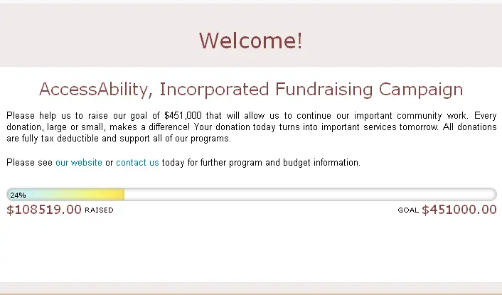 A Fundraising Thermometer example from the "Accessability" Donation page. Find out how to create your own Thermometer...